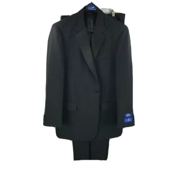 E.J. Samuel Men's Black 2 Piece Tuxedo Suit Satin Trim Pleated Front Pants - Picture 1 of 7